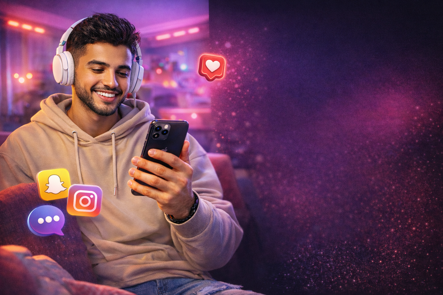 شاب جالس على كنبة يلبس سماعات ويمسك آيفون